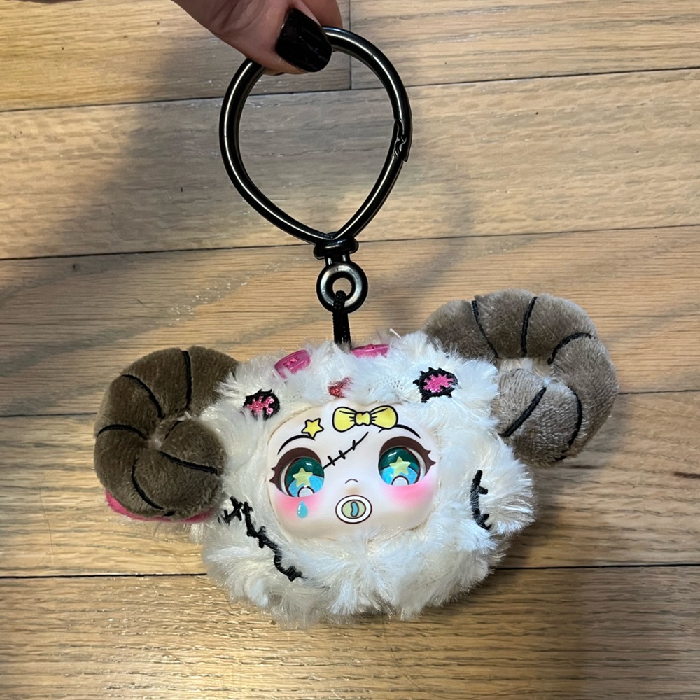 White & Brown Ram Plush Keychain with Colorful Face